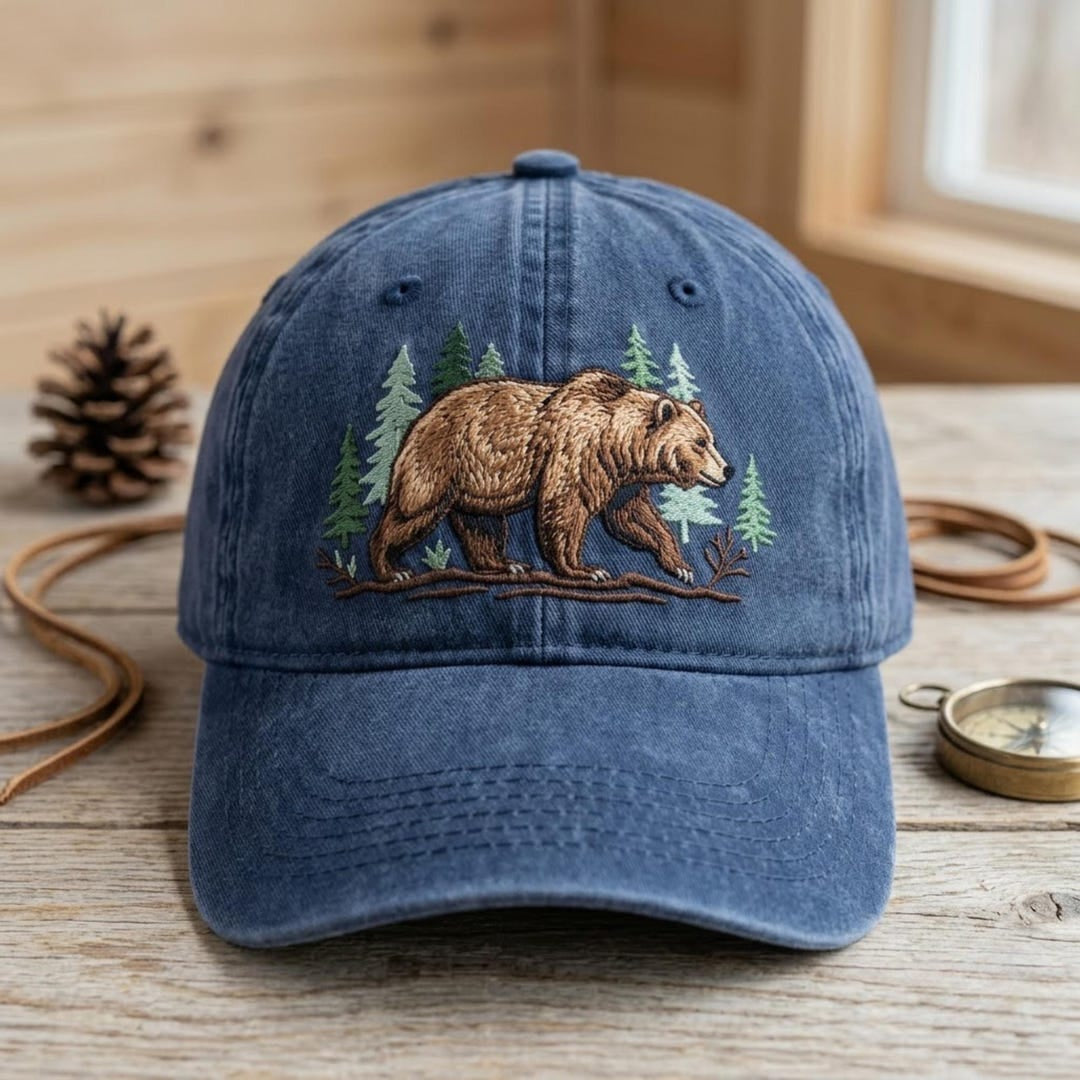 Grizzly Bear Forest Pine Trees Nature Outdoor Embroidered Hat — Washed Hat