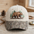 Grizzly Bear Forest Pine Trees Nature Outdoor Embroidered Floral & Leopard Brim Hat