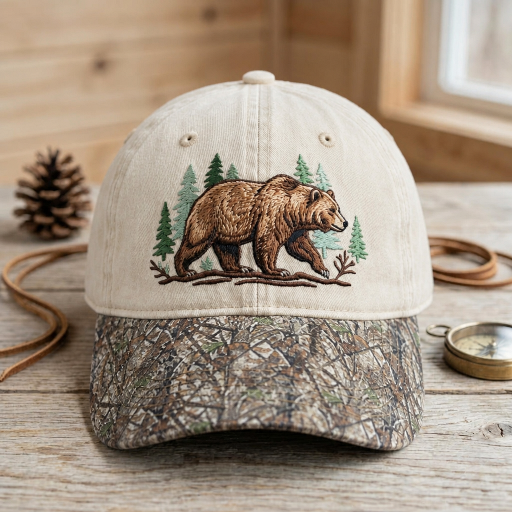Grizzly Bear Forest Pine Trees Nature Outdoor Embroidered Floral & Leopard Brim Hat