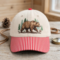 Grizzly Bear Forest Pine Trees Nature Outdoor Embroidered Gingham & Stripe Brim Hat