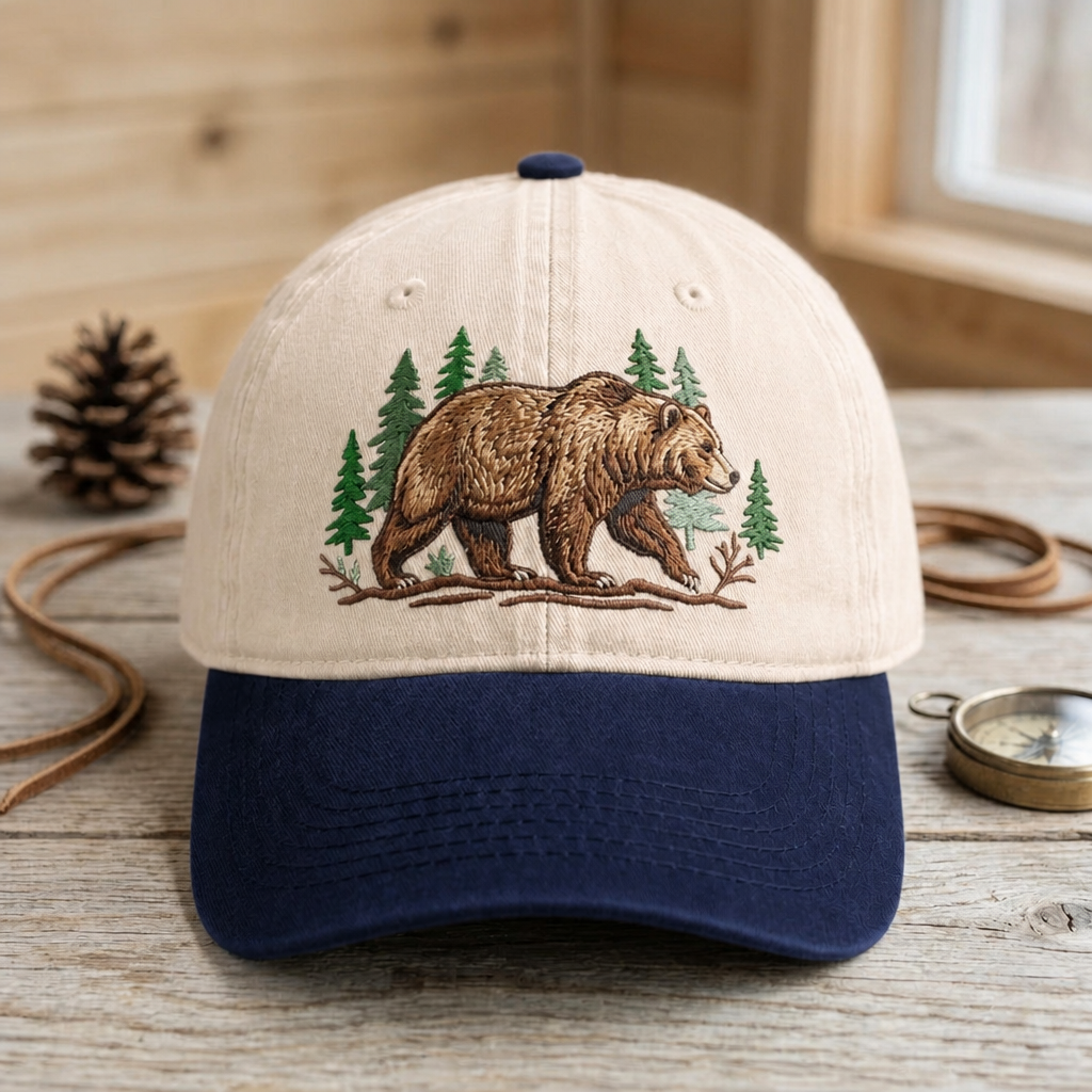 Grizzly Bear Forest Pine Trees Nature Outdoor Embroidered Two-Tone Hat