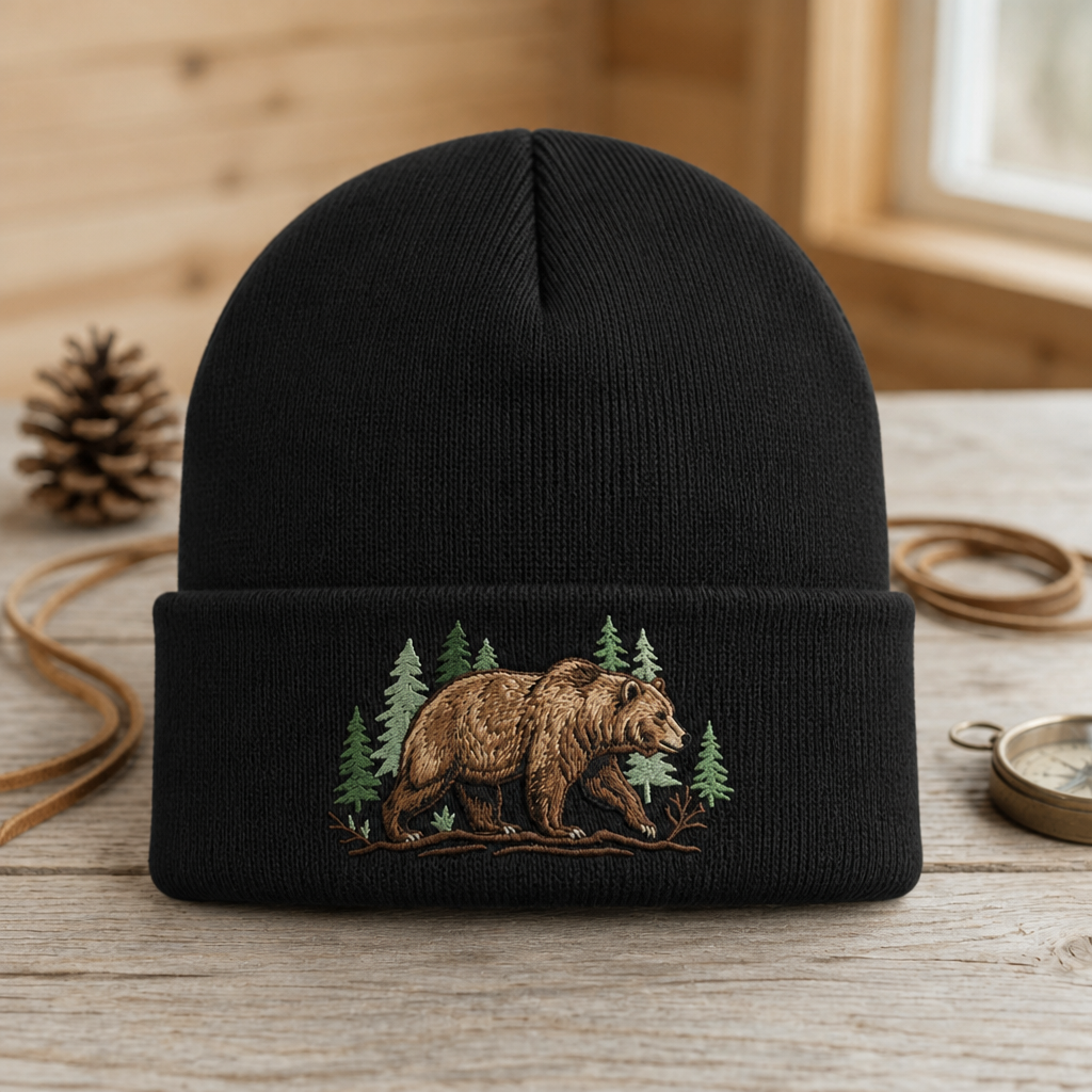 Grizzly Bear Forest Pine Trees Nature Outdoor Embroidered Beanie