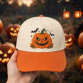Halloween Jack-O-Lantern Spooky Pumpkin Bats Fall Leaves Sparkles Embroidered Hat — Baseball Cap