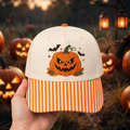 Halloween Jack-O-Lantern Spooky Pumpkin Bats Fall Leaves Sparkles Embroidered Gingham & Stripe Brim Hat