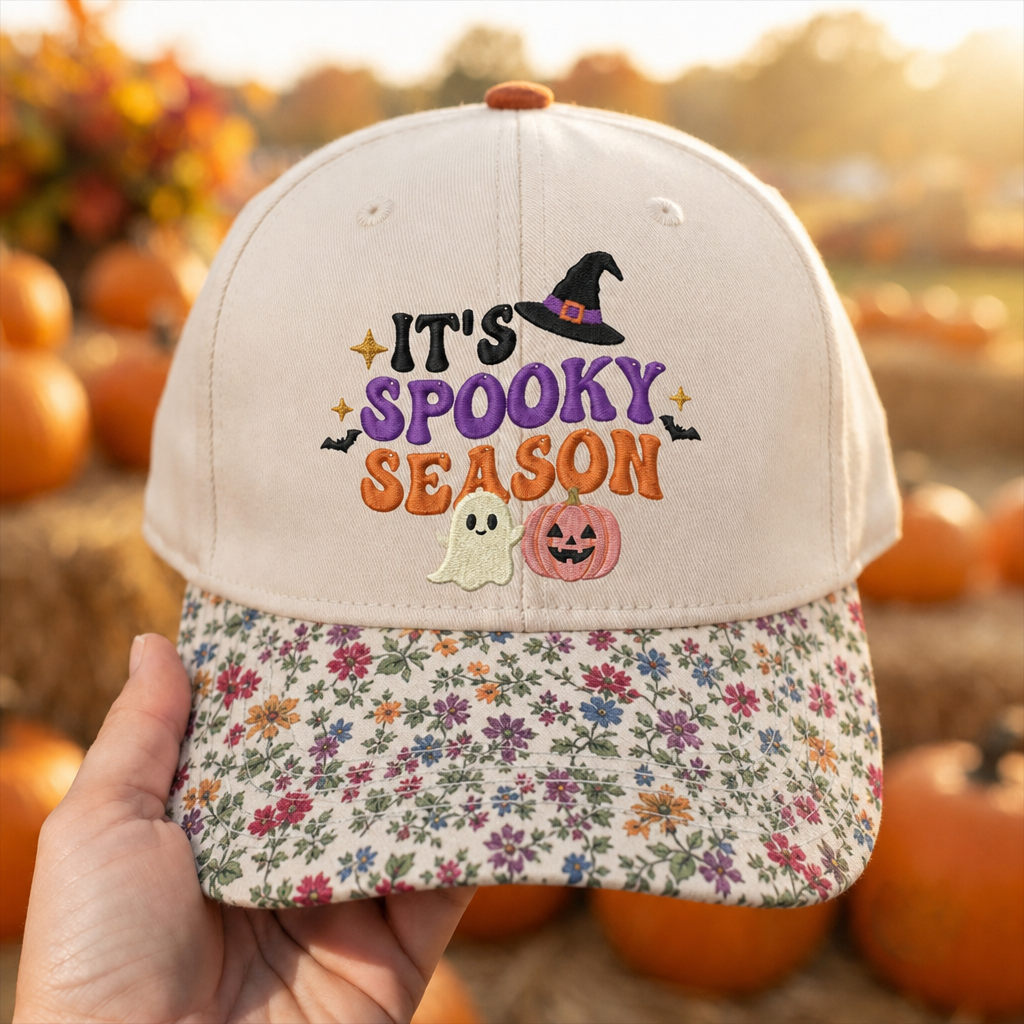 Halloween It's Spooky Season Witch Hat Ghost Pumpkin Bats Embroidered Floral & Leopard Brim Hat