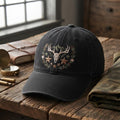 Deer Skull Antler Western Stars Floral Wreath Rustic Outdoor Embroidered Hat — Washed Hat