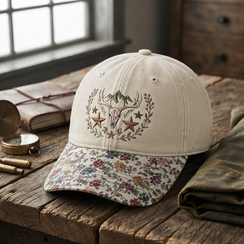 Deer Skull Antler Western Stars Floral Wreath Rustic Outdoor Embroidered Floral & Leopard Brim Hat