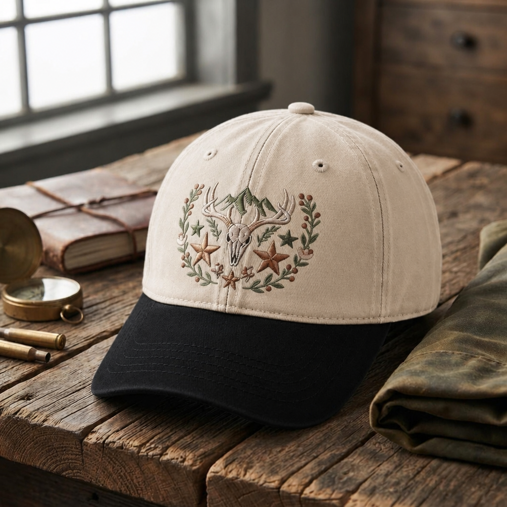 Deer Skull Antler Western Stars Floral Wreath Rustic Outdoor Embroidered Two-Tone Hat