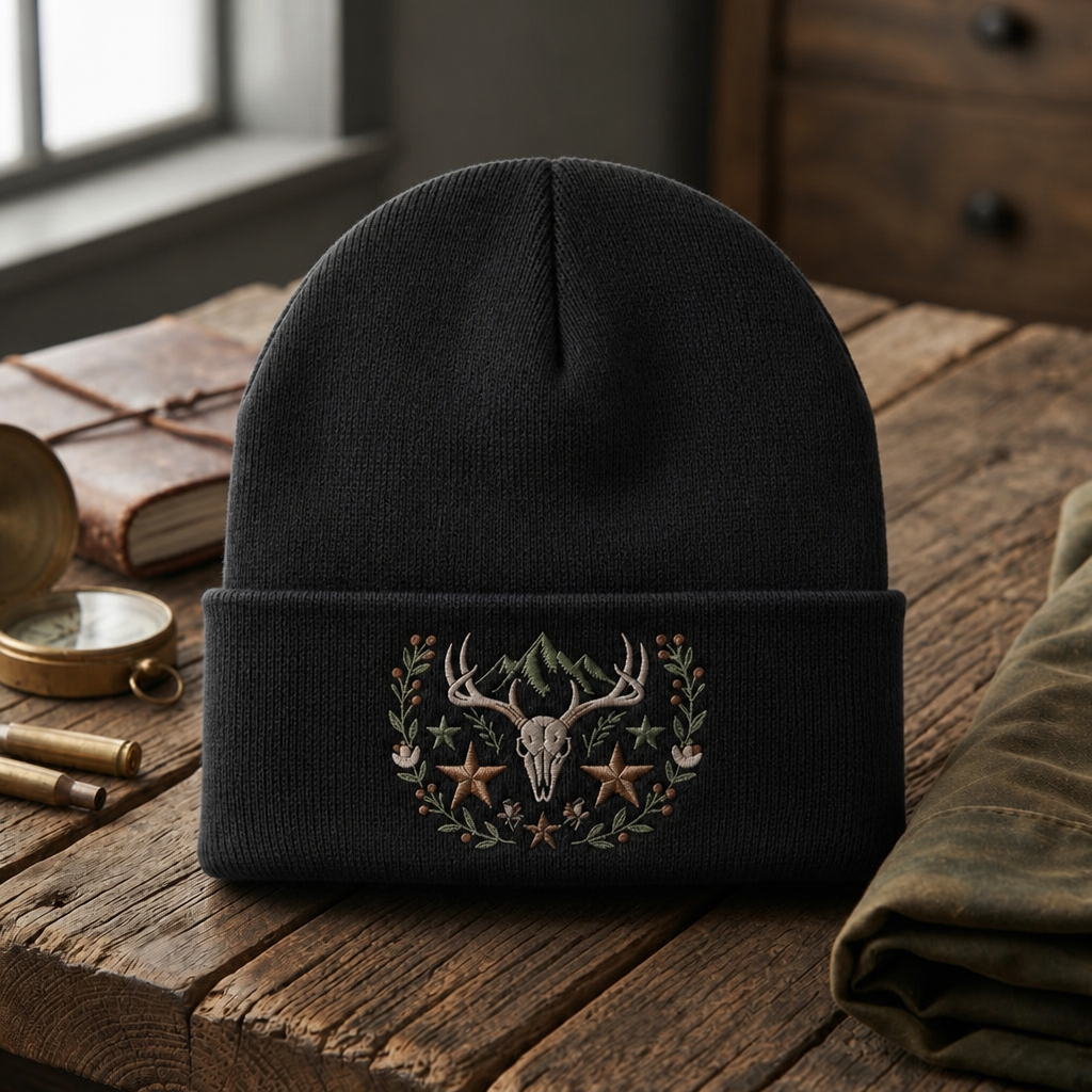 Deer Skull Antler Western Stars Floral Wreath Rustic Outdoor Embroidered Beanie