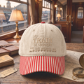 My Train of Thought Left Without Me Funny Railroad Quote Embroidered Gingham & Stripe Brim Hat