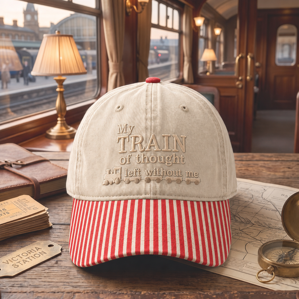 My Train of Thought Left Without Me Funny Railroad Quote Embroidered Gingham & Stripe Brim Hat
