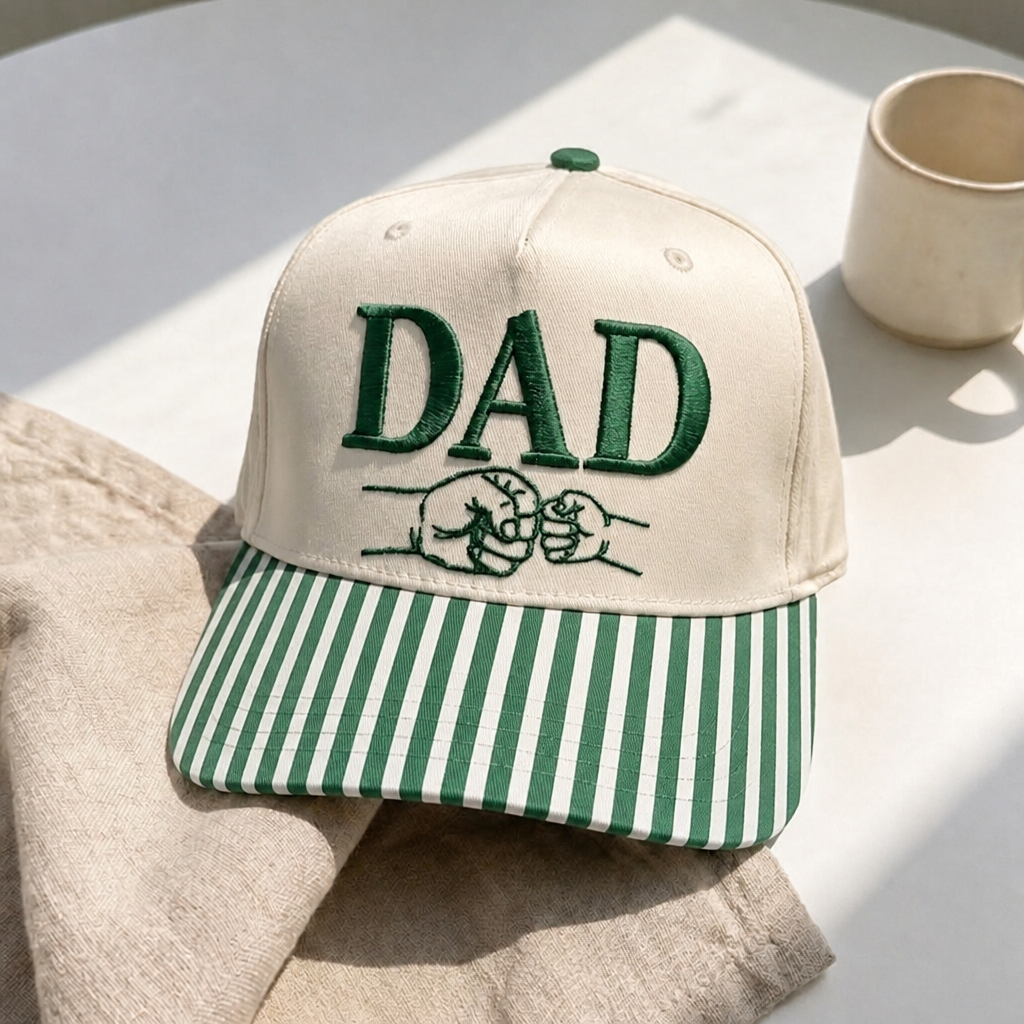 Personalized Dad Fist Bump Baby Hand Father Child Embroidered Gingham & Stripe Brim Hat