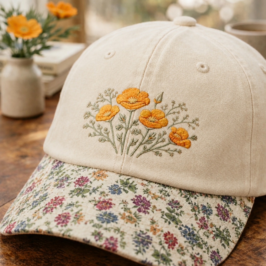 California Poppy Wildflower Bouquet Embroidered Floral & Leopard Brim Hat