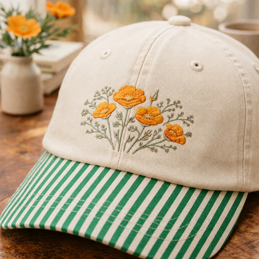 California Poppy Wildflower Bouquet Embroidered Gingham & Stripe Brim Hat