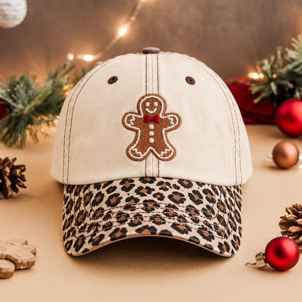 Christmas Gingerbread Man Bow Tie Holiday Embroidered Floral & Leopard Brim Hat