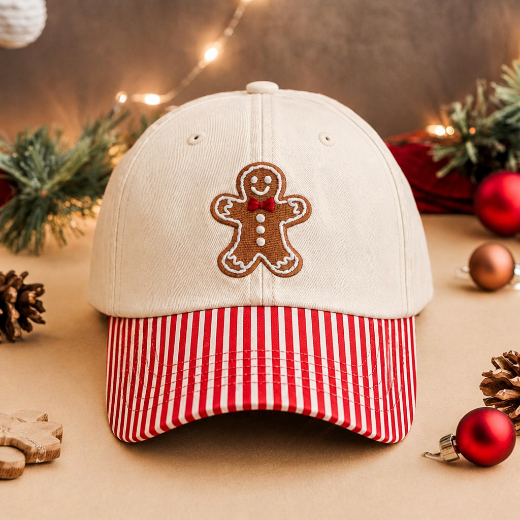 Christmas Gingerbread Man Bow Tie Holiday Embroidered Gingham & Stripe Brim Hat
