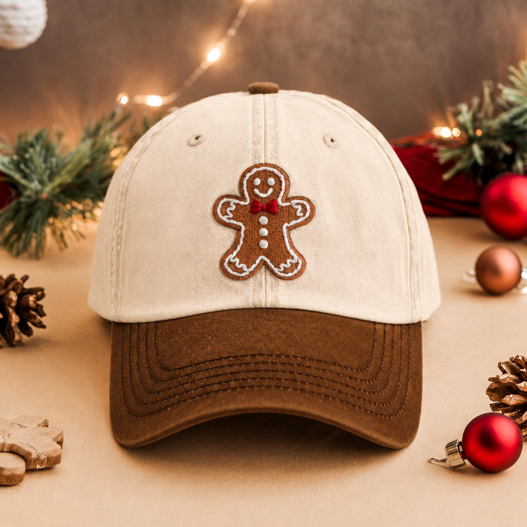 Christmas Gingerbread Man Bow Tie Holiday Embroidered Two-Tone Hat