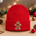 Christmas Gingerbread Man Bow Tie Holiday Embroidered Beanie