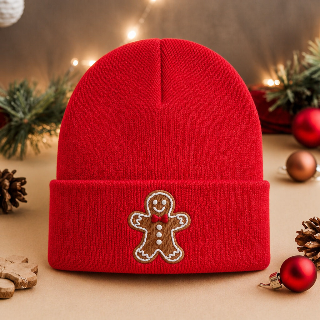 Christmas Gingerbread Man Bow Tie Holiday Embroidered Beanie
