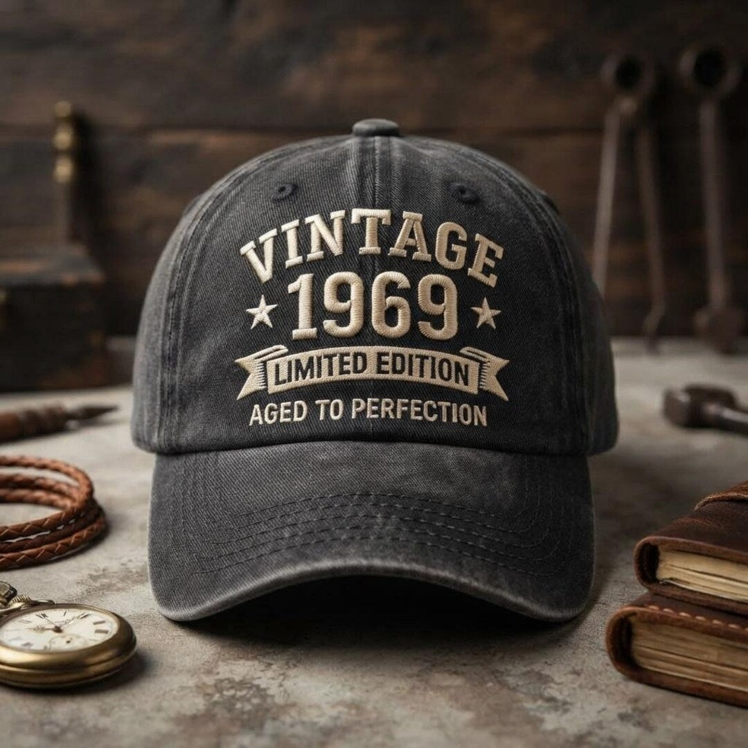 Personalized Vintage 1969 Limited Edition Aged To Perfection Birthday Embroidered Hat — Washed Hat