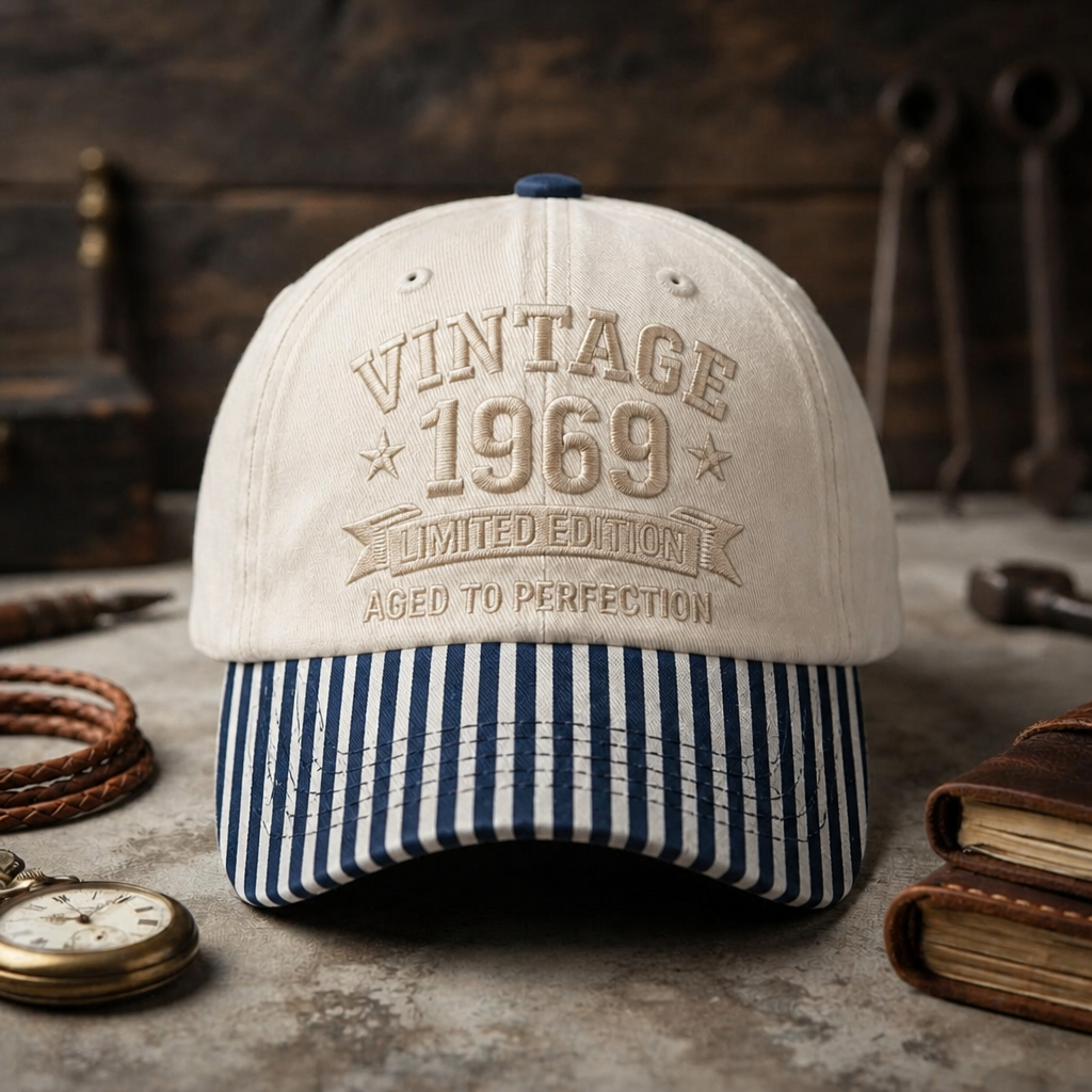 Personalized Vintage 1969 Limited Edition Aged To Perfection Birthday Embroidered Gingham & Stripe Brim Hat