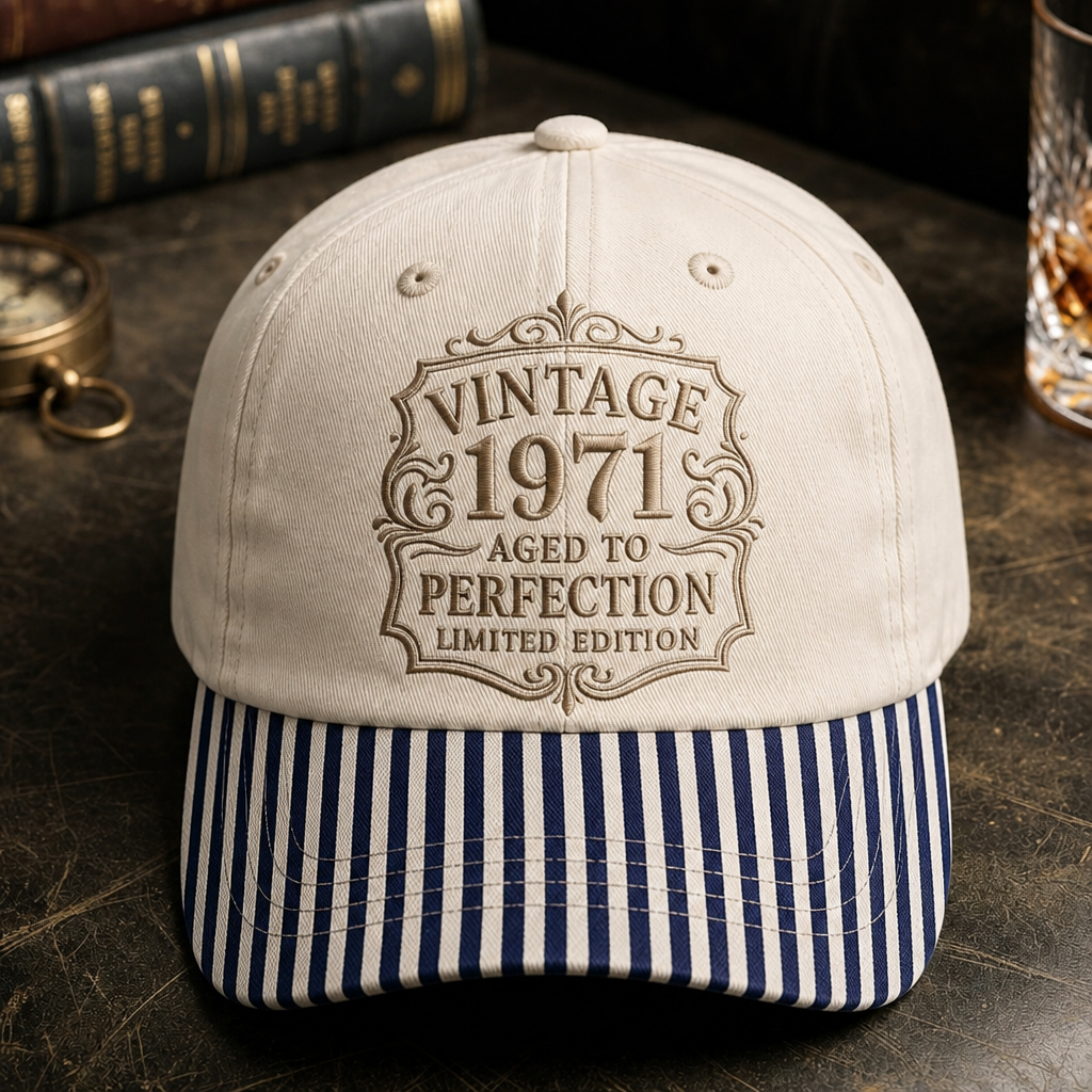 Personalized Vintage 1971 Aged To Perfection Limited Edition Birthday Embroidered Gingham & Stripe Brim Hat