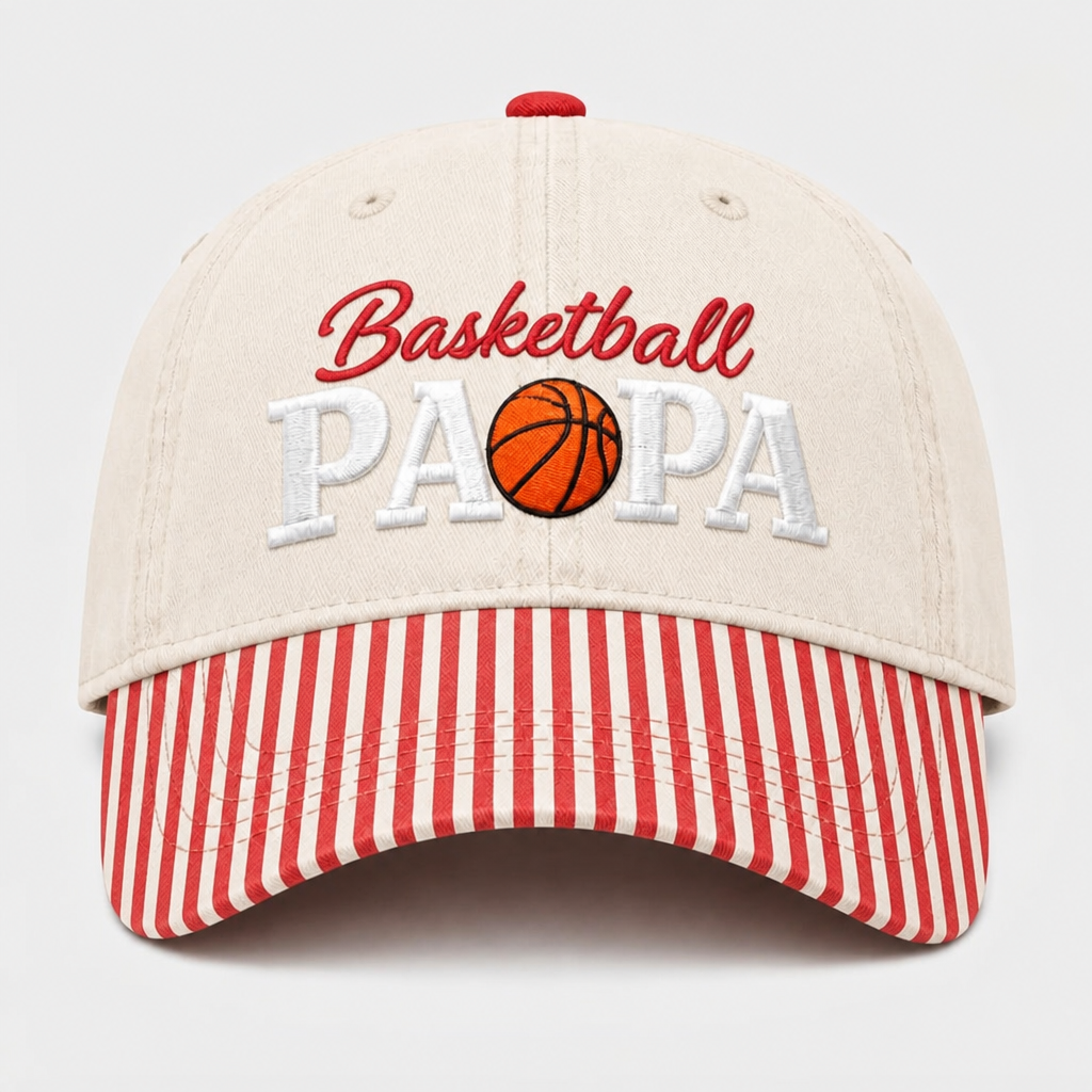 Basketball Papa Grandpa Embroidered Gingham & Stripe Brim Hat