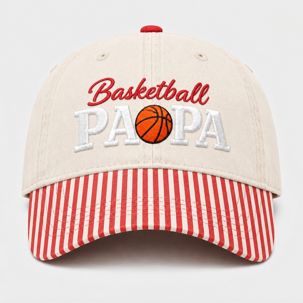 Basketball Papa Grandpa Embroidered Gingham & Stripe Brim Hat