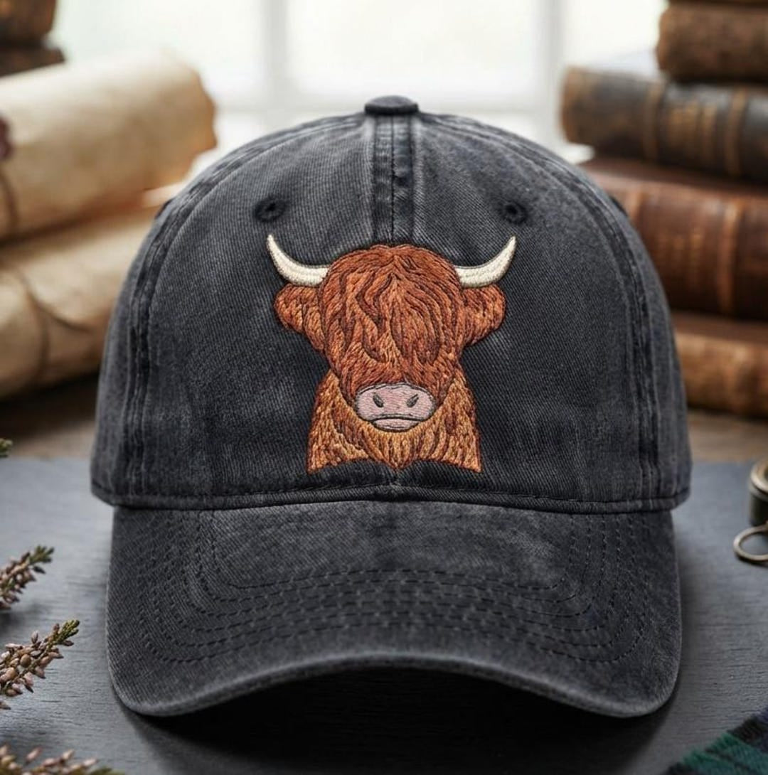 Highland Cow Fluffy Hair Grumpy Face Embroidered Hat — Washed Hat