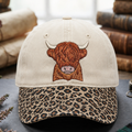 Highland Cow Fluffy Hair Grumpy Face Embroidered Floral & Leopard Brim Hat