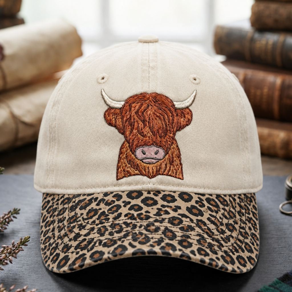 Highland Cow Fluffy Hair Grumpy Face Embroidered Floral & Leopard Brim Hat