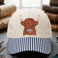 Highland Cow Fluffy Hair Grumpy Face Embroidered Gingham & Stripe Brim Hat