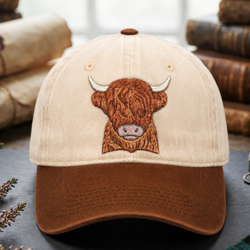 Highland Cow Fluffy Hair Grumpy Face Embroidered Two-Tone Hat