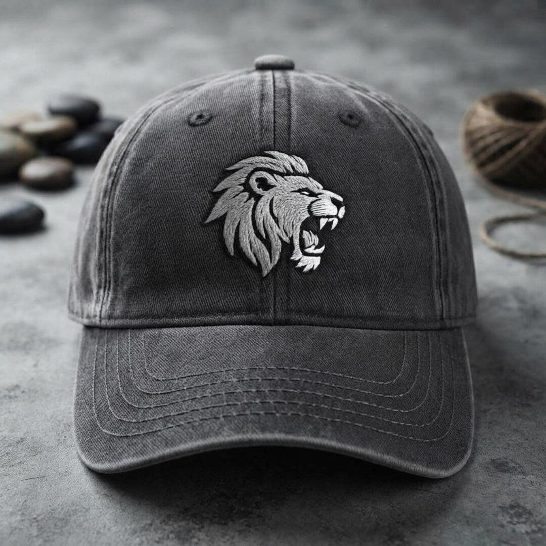 Roaring Lion Head Wildlife Animal Embroidered Hat — Washed Hat