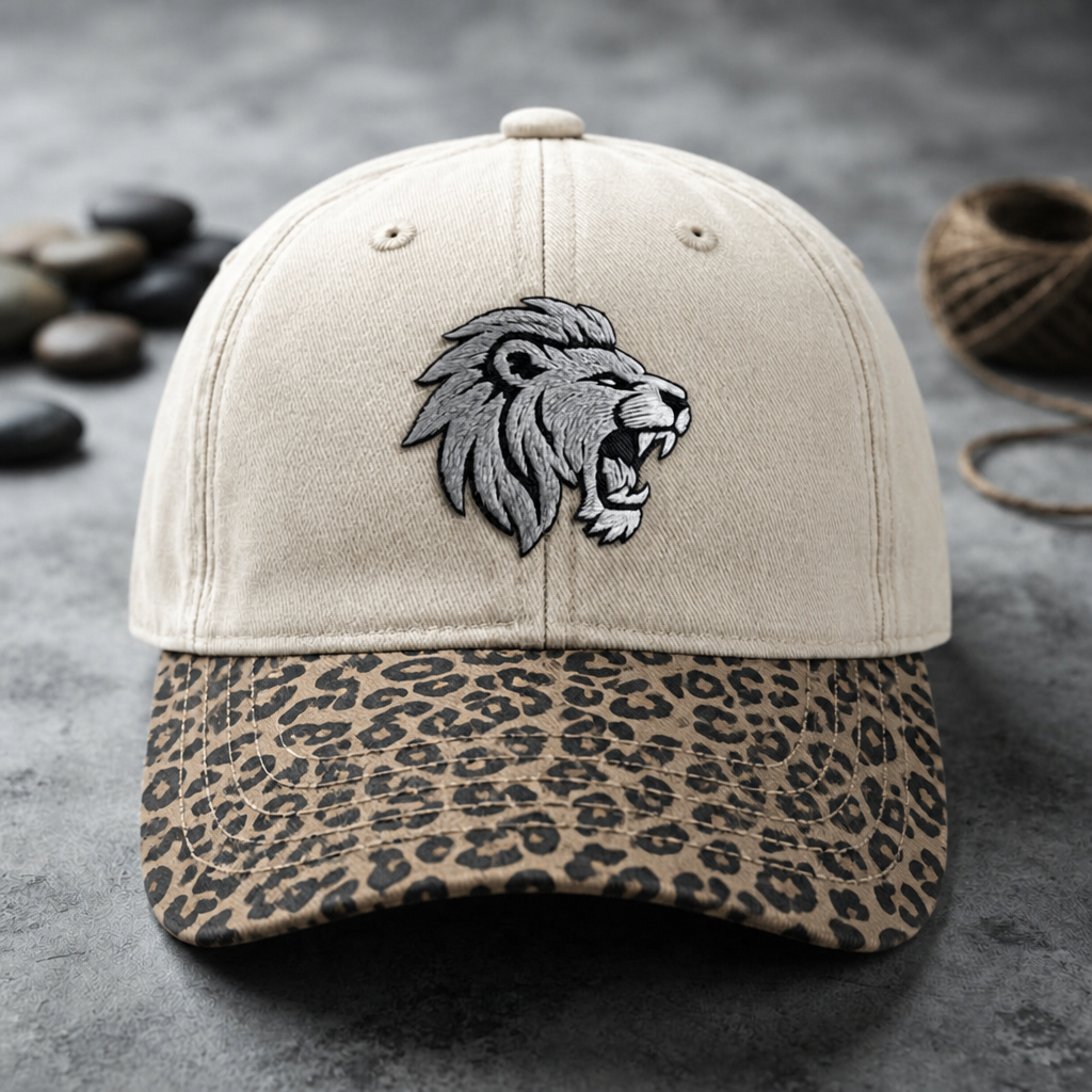 Roaring Lion Head Wildlife Animal Embroidered Floral & Leopard Brim Hat