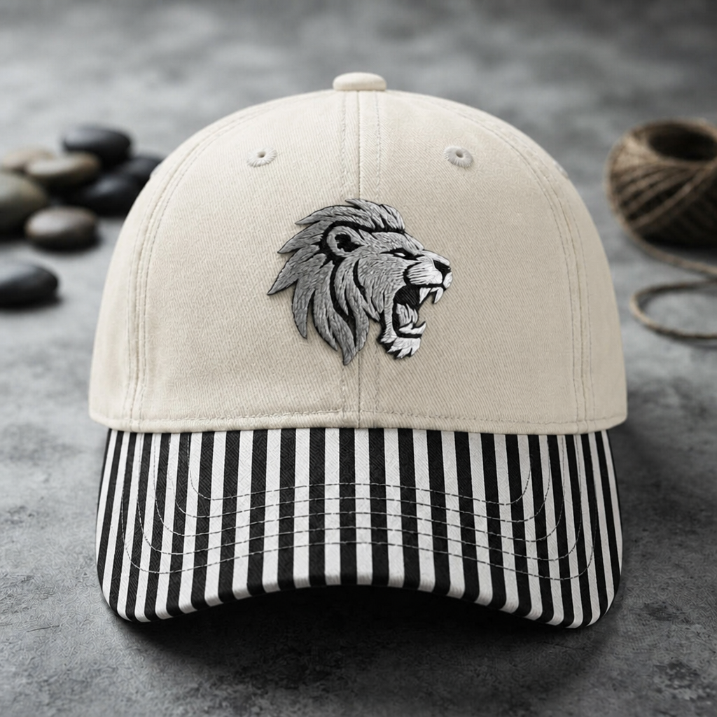 Roaring Lion Head Wildlife Animal Embroidered Gingham & Stripe Brim Hat