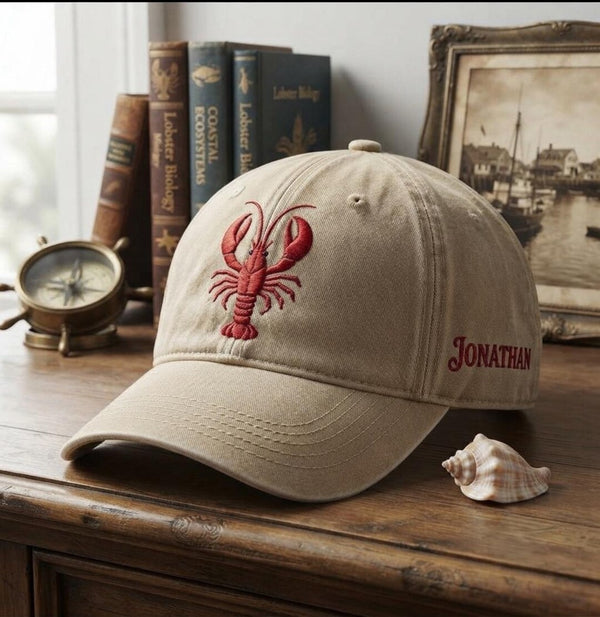 Personalized Lobster Coastal Nautical Custom Name Embroidered Hat — Baseball Cap