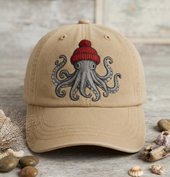 Octopus Wearing Beanie Hat Nautical Sea Life Embroidered Hat — Washed Hat