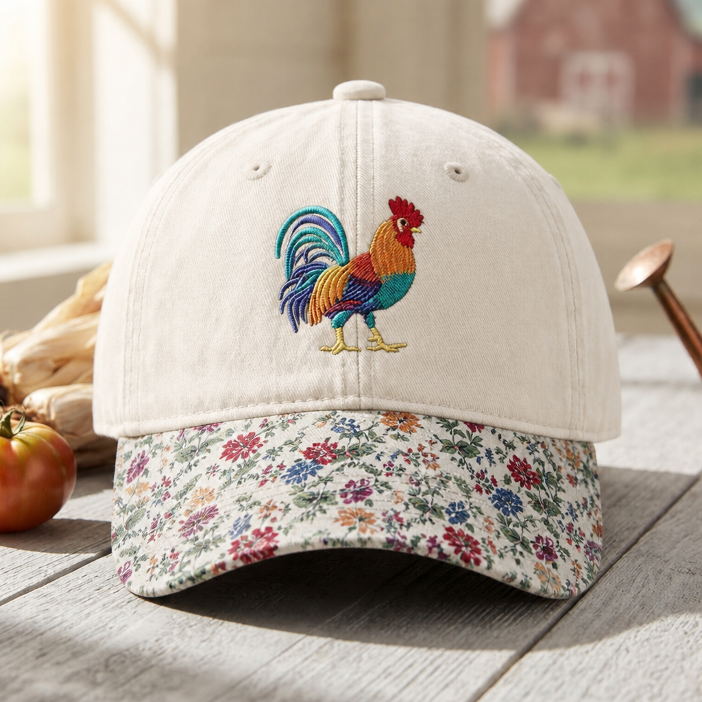 Colorful Rooster Farm Animal Embroidered Floral & Leopard Brim Hat