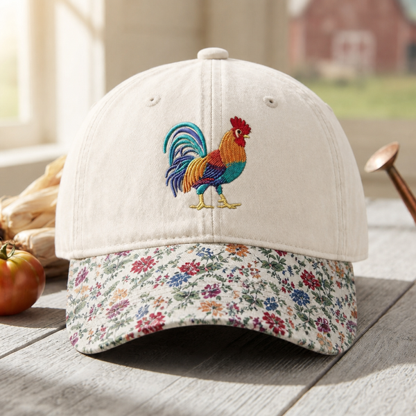 Colorful Rooster Farm Animal Embroidered Floral & Leopard Brim Hat