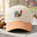 Colorful Rooster Farm Animal Embroidered Gingham & Stripe Brim Hat