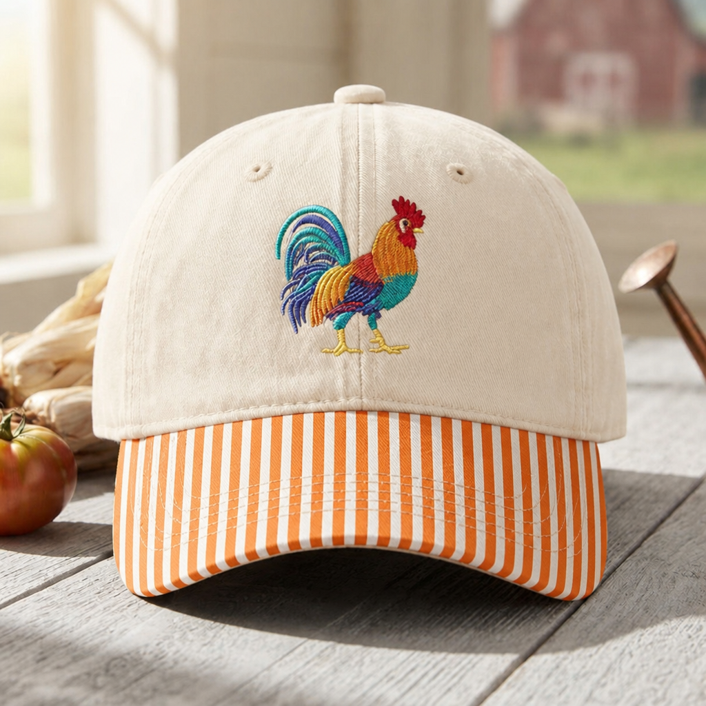 Colorful Rooster Farm Animal Embroidered Gingham & Stripe Brim Hat