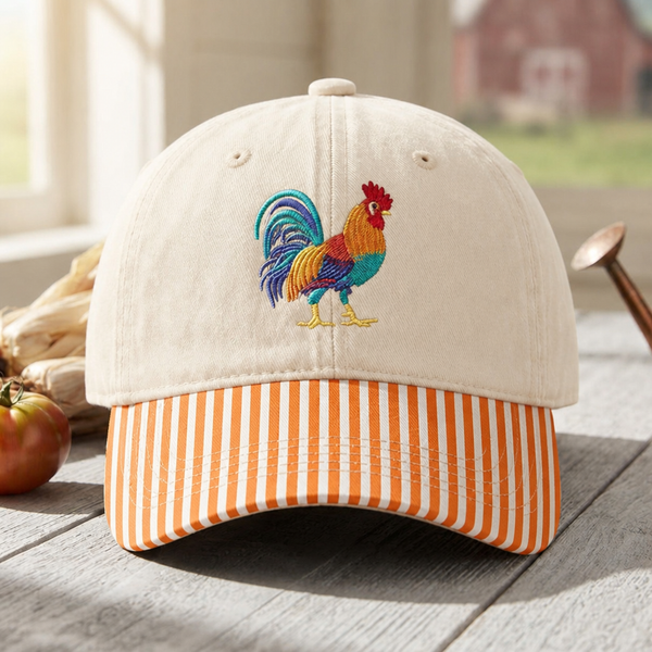 Colorful Rooster Farm Animal Embroidered Gingham & Stripe Brim Hat
