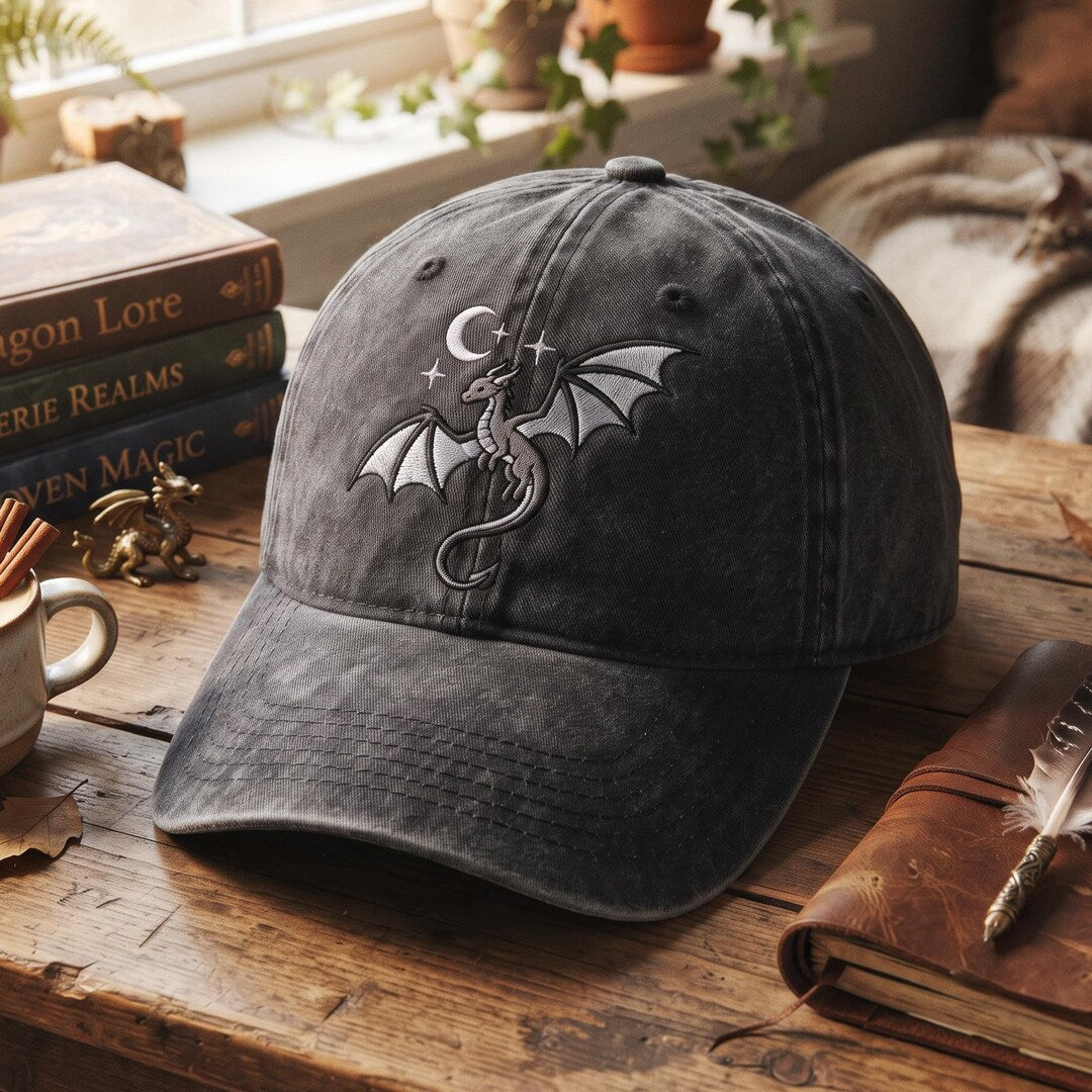 Fantasy Dragon Moon Stars Celestial Embroidered Hat — Washed Hat