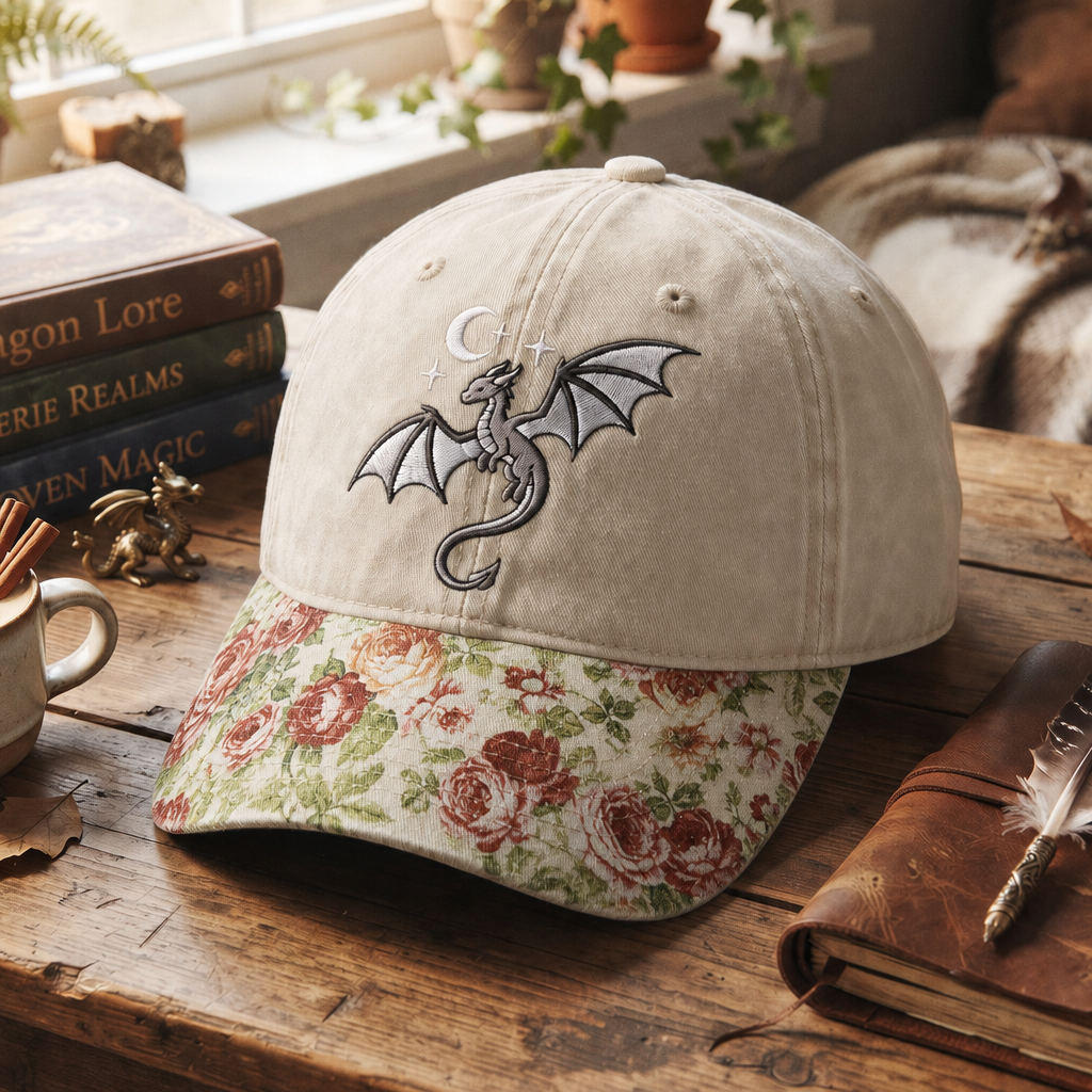 Fantasy Dragon Moon Stars Celestial Embroidered Floral & Leopard Brim Hat