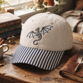 Fantasy Dragon Moon Stars Celestial Embroidered Gingham & Stripe Brim Hat