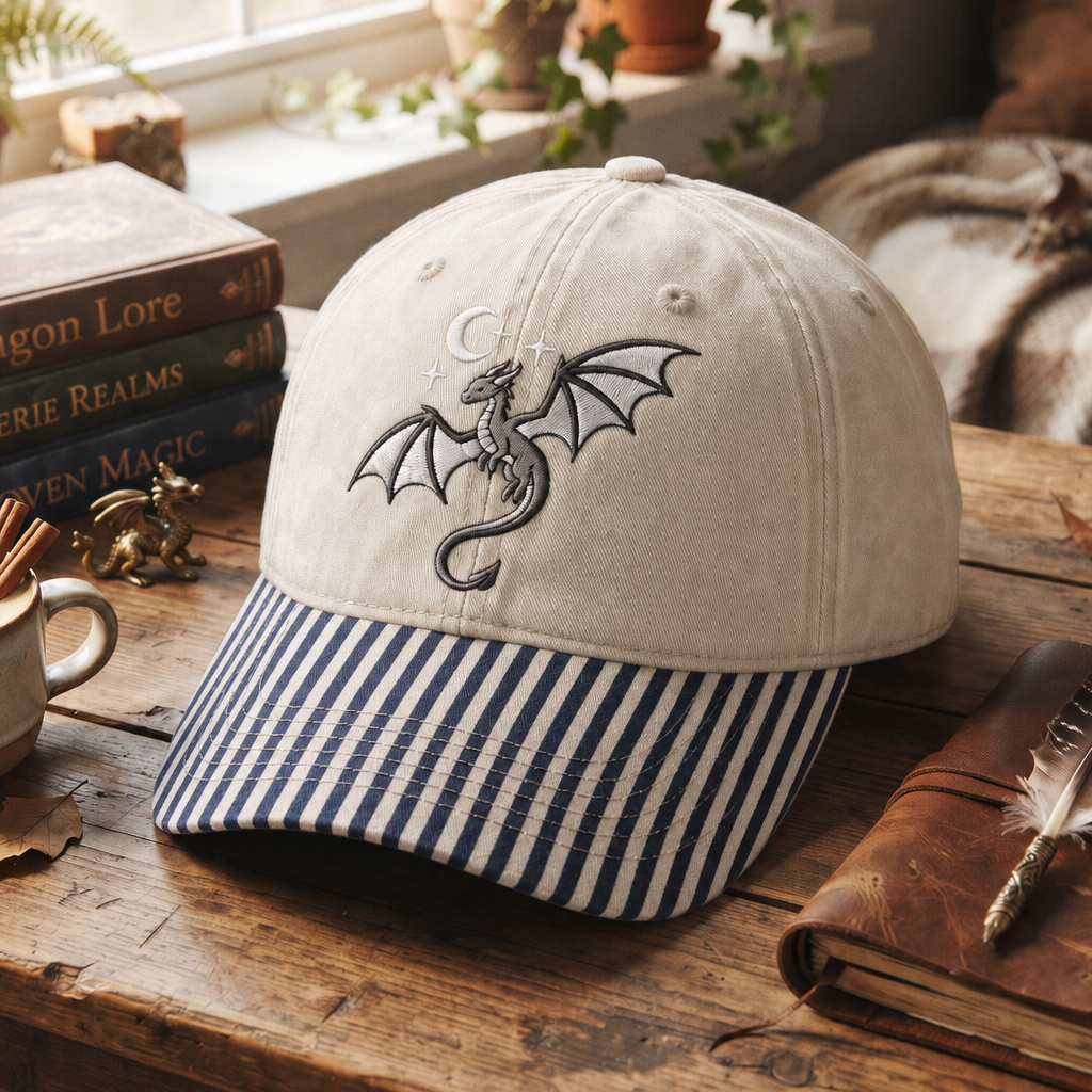 Fantasy Dragon Moon Stars Celestial Embroidered Gingham & Stripe Brim Hat