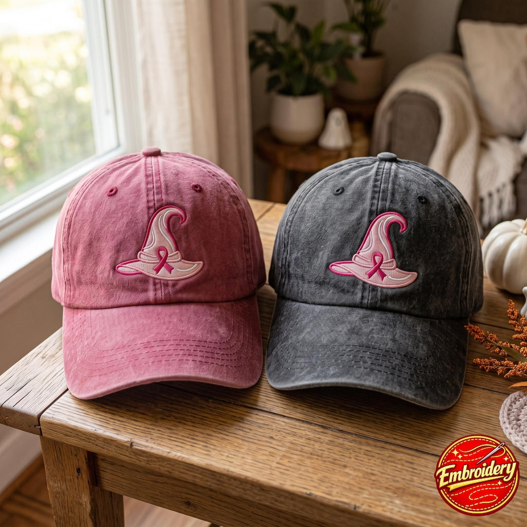 Halloween Witch Hat Pink Ribbon Breast Cancer Awareness Embroidered Hat — Washed Hat