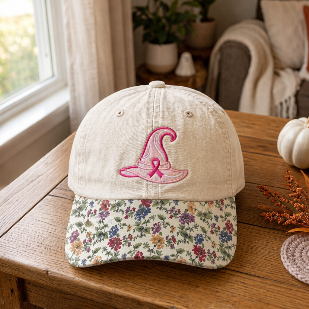 Halloween Witch Hat Pink Ribbon Breast Cancer Awareness Embroidered Floral & Leopard Brim Hat