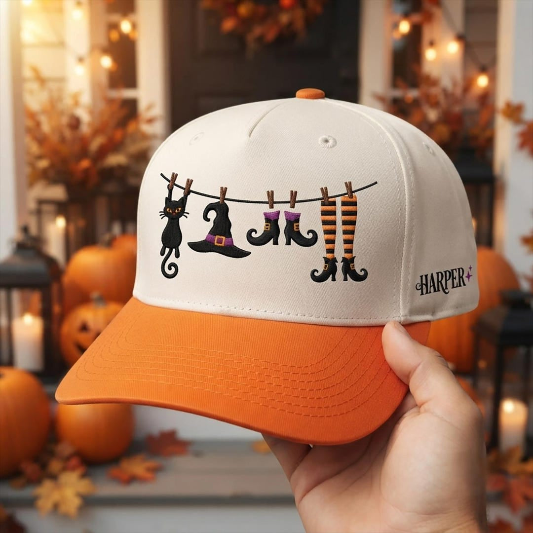Personalized Halloween Witch Clothesline Black Cat Hat Boots embroidered two-tone hat — front view